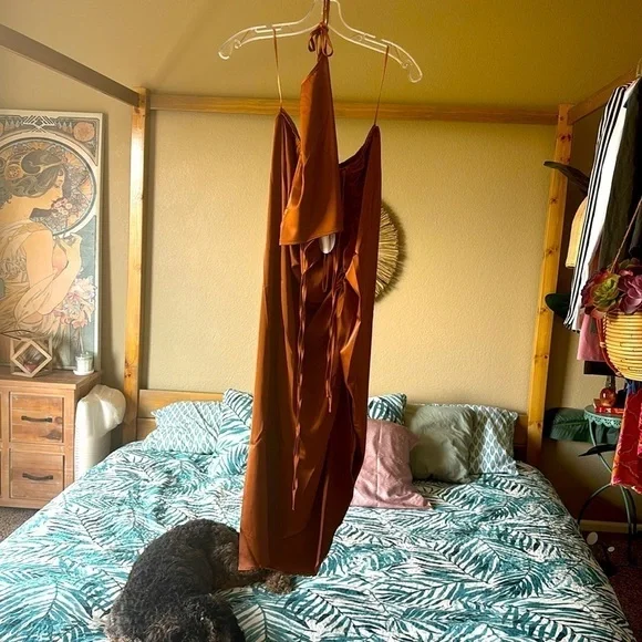 Mable x Petal & Pup NEW Angelique Open Back Satin Cognac Matching Set Size M - Picture 4 of 8